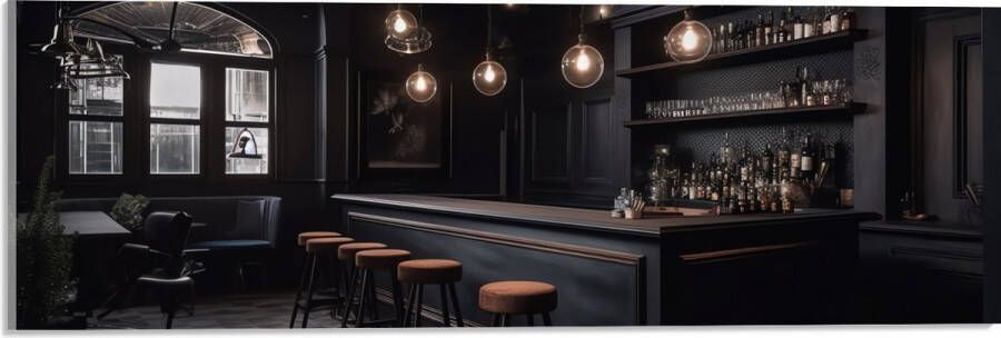 Acrylglas Bar Krukken Tafels Stoelen Planten Drank Flessen Zwart 60x20 cm Foto op Acrylglas (Wanddecoratie op Acrylaat)