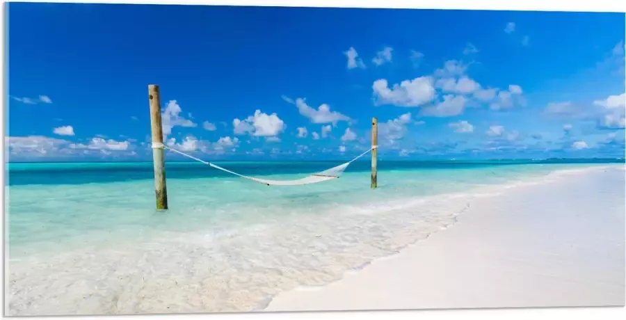 Acrylglas Hangmat boven Aankomende Golven op Wit Tropisch Strand 100x50 cm Foto op Acrylglas (Met Ophangsysteem)