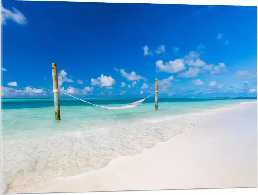 Acrylglas Hangmat boven Aankomende Golven op Wit Tropisch Strand 100x75 cm Foto op Acrylglas (Met Ophangsysteem)