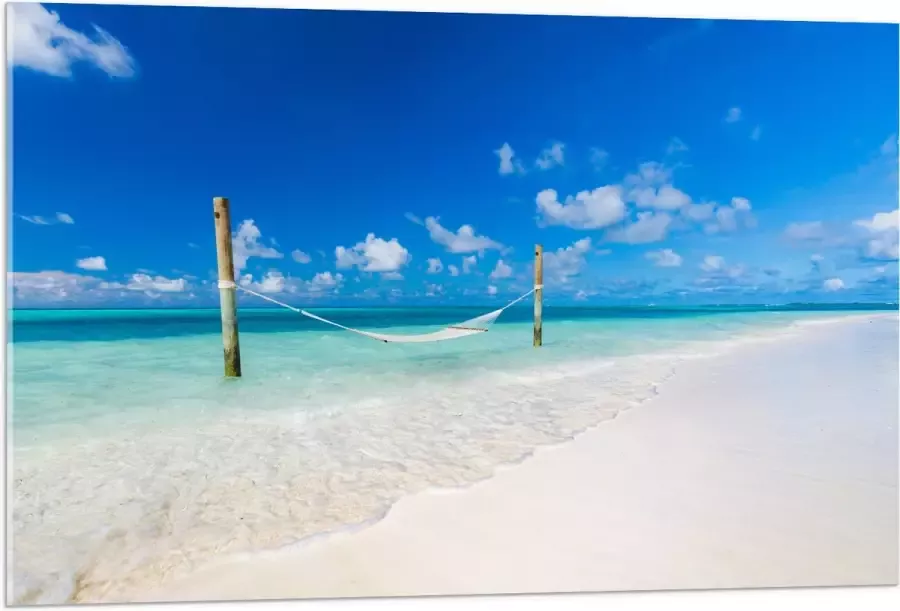 Acrylglas Hangmat boven Aankomende Golven op Wit Tropisch Strand 105x70 cm Foto op Acrylglas (Met Ophangsysteem)