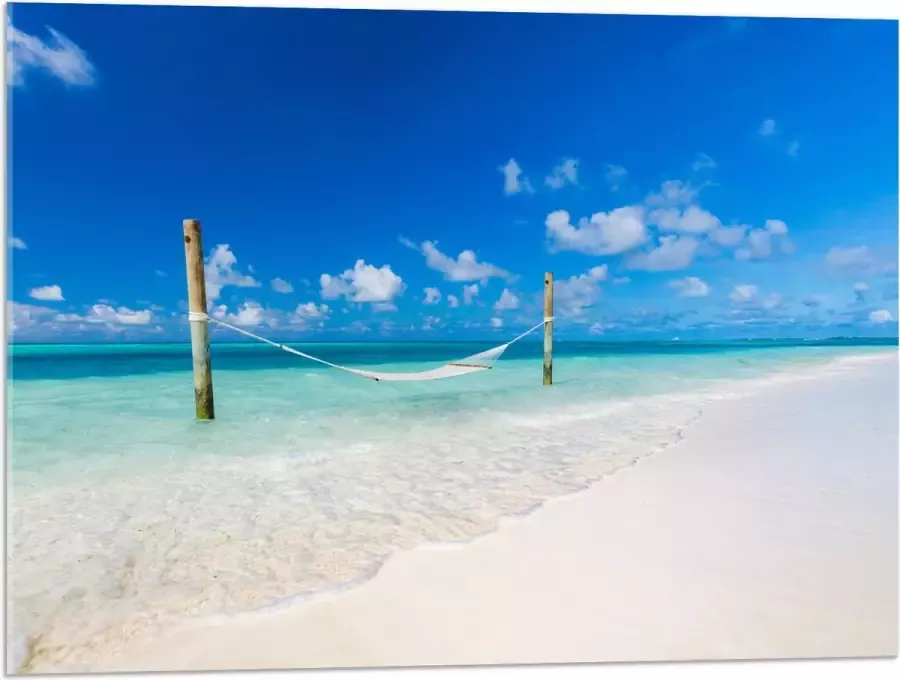 Acrylglas Hangmat boven Aankomende Golven op Wit Tropisch Strand 80x60 cm Foto op Acrylglas (Met Ophangsysteem)