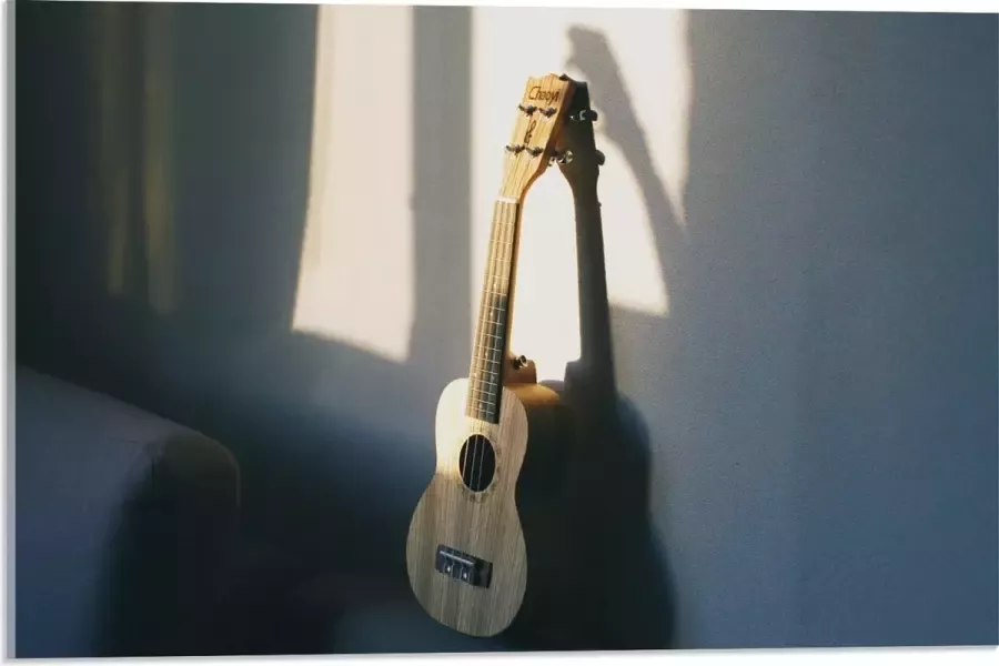Acrylglas Houten Gitaar op Rand van Bank 60x40 cm Foto op Acrylglas (Met Ophangsysteem)