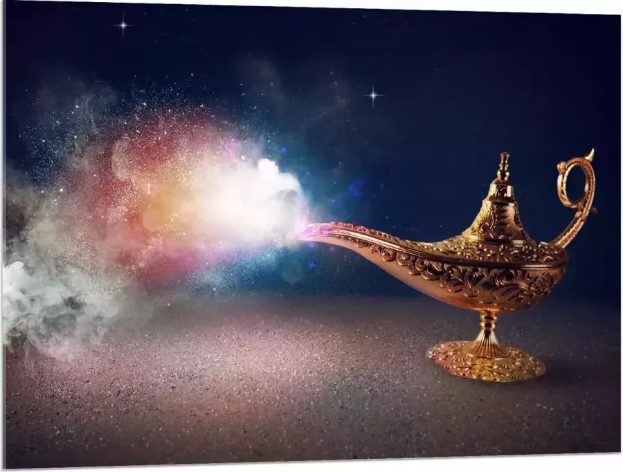 Acrylglas Magische Gouden Lamp met Kleurrijke Rook 100x75 cm Foto op Acrylglas (Wanddecoratie op Acrylaat)