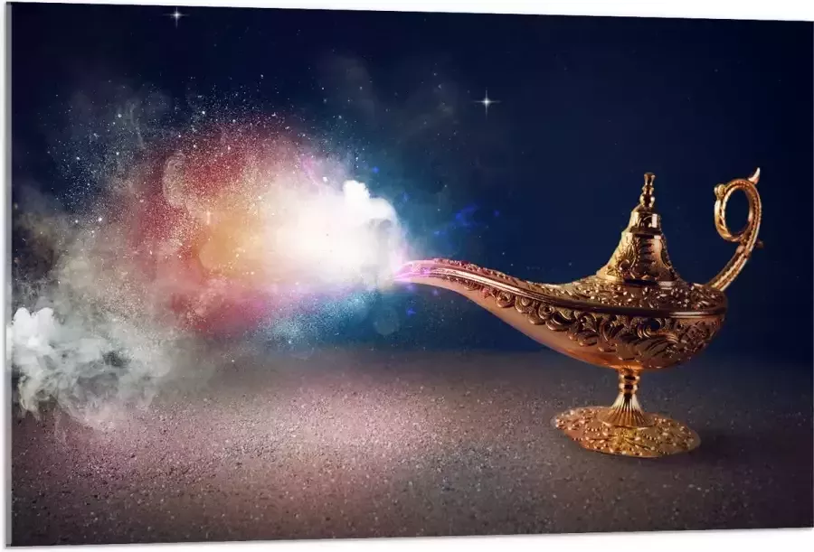 Acrylglas Magische Gouden Lamp met Kleurrijke Rook 105x70 cm Foto op Acrylglas (Wanddecoratie op Acrylaat)