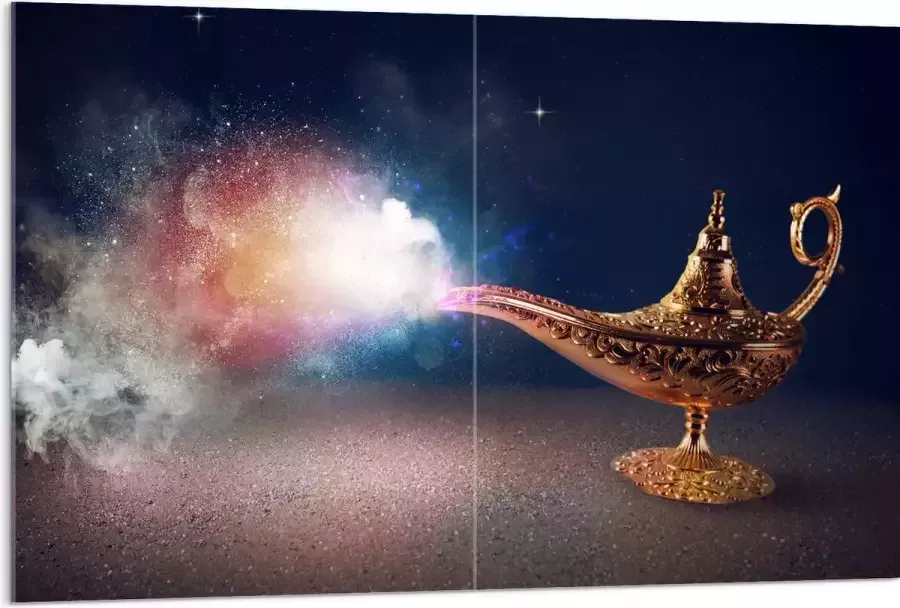 Acrylglas Magische Gouden Lamp met Kleurrijke Rook 120x80 cm Foto op Acrylglas (Met Ophangsysteem)