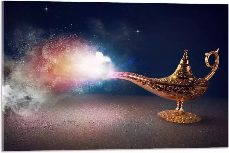 Acrylglas Magische Gouden Lamp met Kleurrijke Rook 75x50 cm Foto op Acrylglas (Wanddecoratie op Acrylaat)