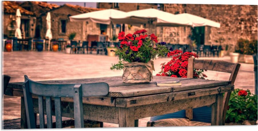 Acrylglas Tafel Pleintje Bloemen Stoelen Parasol Kleuren 100x50 cm Foto op Acrylglas (Wanddecoratie op Acrylaat)