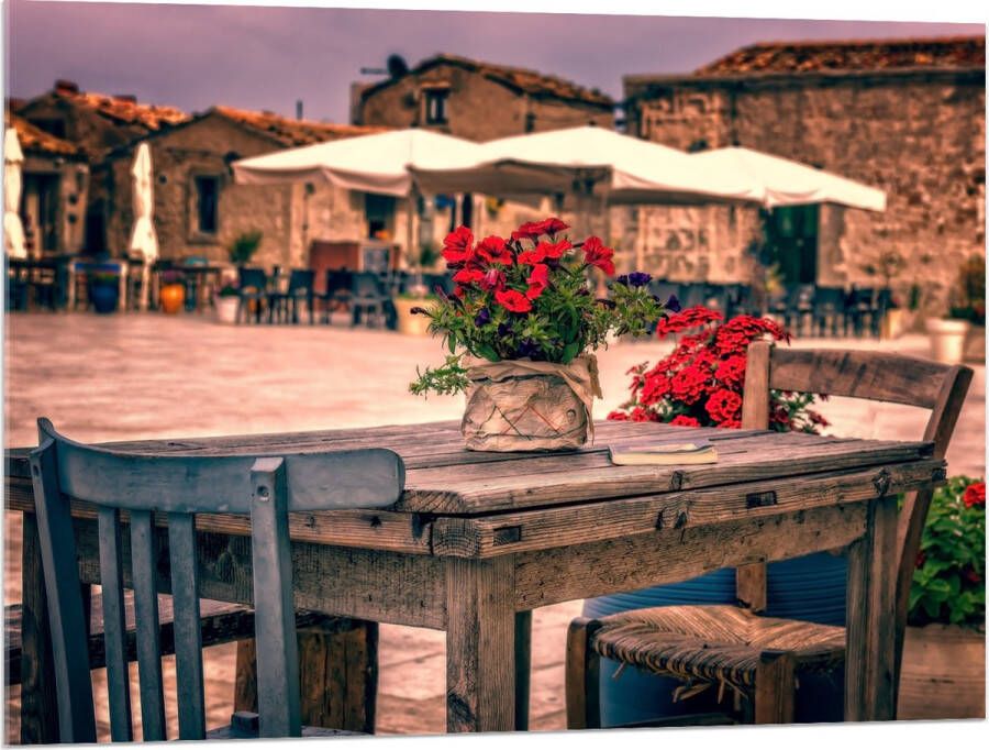 Acrylglas Tafel Pleintje Bloemen Stoelen Parasol Kleuren 100x75 cm Foto op Acrylglas (Wanddecoratie op Acrylaat)