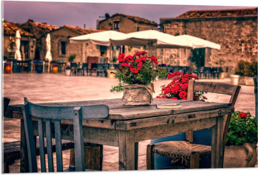 Acrylglas Tafel Pleintje Bloemen Stoelen Parasol Kleuren 105x70 cm Foto op Acrylglas (Wanddecoratie op Acrylaat)