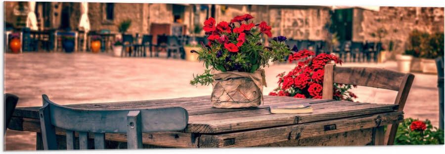 Acrylglas Tafel Pleintje Bloemen Stoelen Parasol Kleuren 120x40 cm Foto op Acrylglas (Met Ophangsysteem)