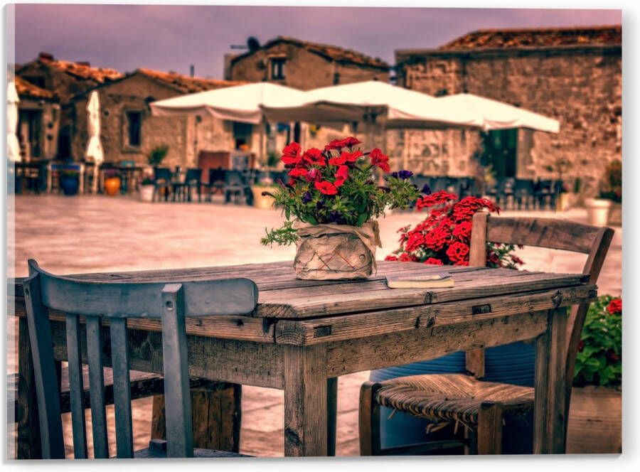 Acrylglas Tafel Pleintje Bloemen Stoelen Parasol Kleuren 40x30 cm Foto op Acrylglas (Met Ophangsysteem)