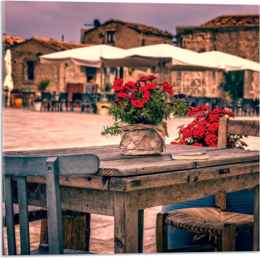 Acrylglas Tafel Pleintje Bloemen Stoelen Parasol Kleuren 50x50 cm Foto op Acrylglas (Wanddecoratie op Acrylaat)