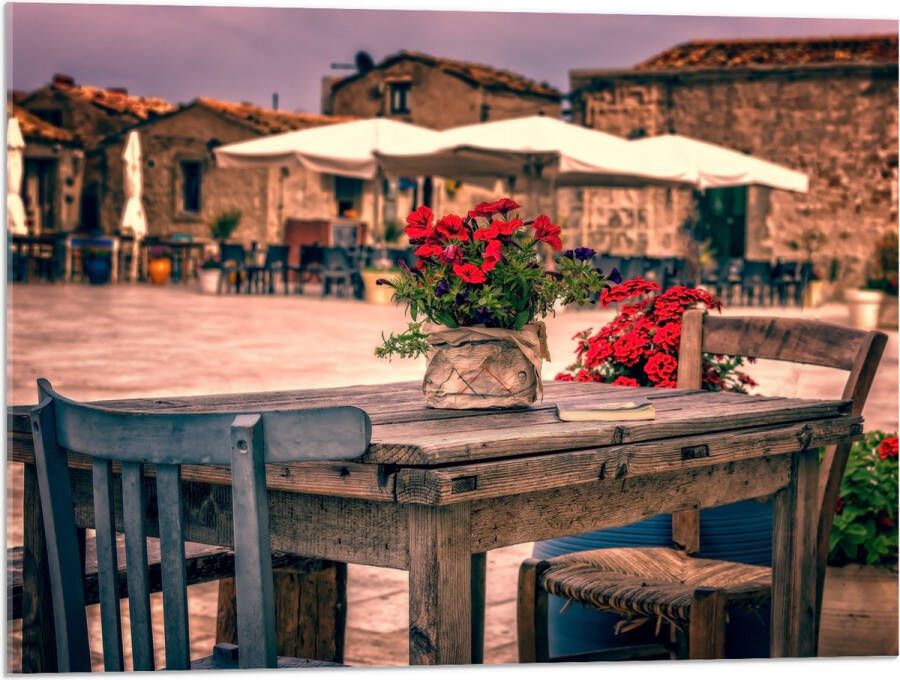 Acrylglas Tafel Pleintje Bloemen Stoelen Parasol Kleuren 80x60 cm Foto op Acrylglas (Wanddecoratie op Acrylaat)