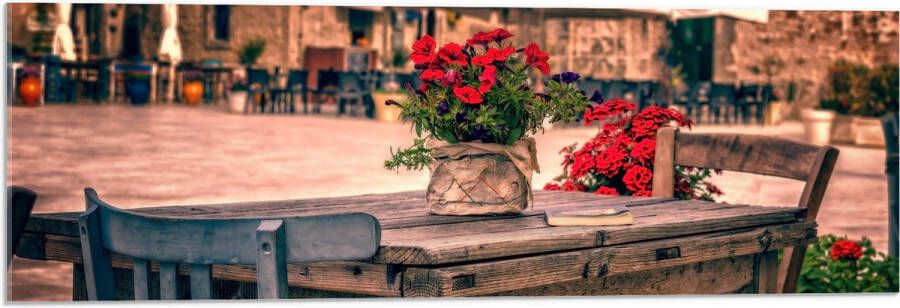 Acrylglas Tafel Pleintje Bloemen Stoelen Parasol Kleuren 90x30 cm Foto op Acrylglas (Wanddecoratie op Acrylaat)