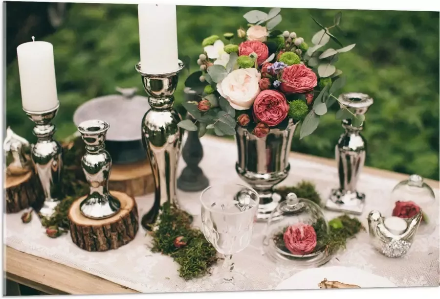 Acrylglas Tafel Versierd met Kandelaren Mos en Bloemen 105x70 cm Foto op Acrylglas (Wanddecoratie op Acrylaat)