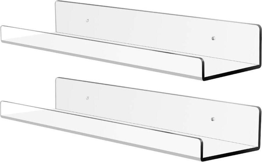 Acrylic Floating Shelf 15 inch Clear Invisible Wall Bookshelves Bathroom and Small Toy Display Shelf Wall Mounted 5mm Thick 2 Pieces