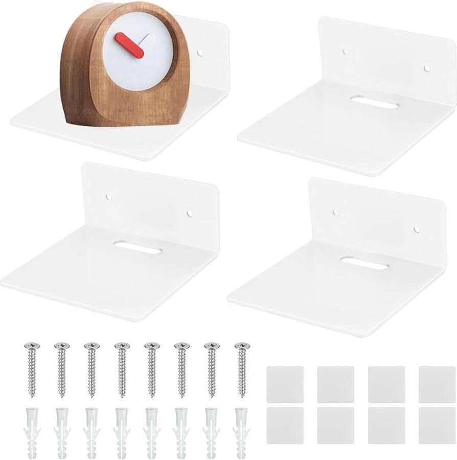 Allecto Plus Zwevende acryl wandplanken set van 4 stuks in wit Klein rek voor slaapkamer badkamer hal en kantoor met draadgat Muurrek zonder boren