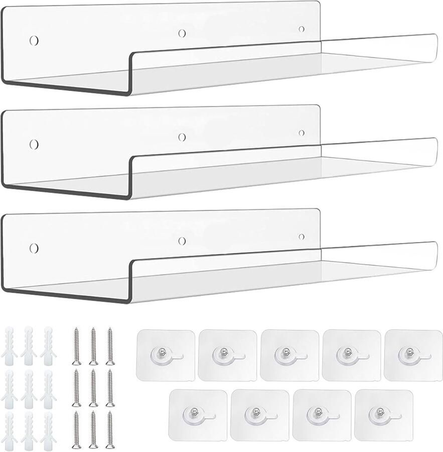 Acrylic Wandplank Transparante 3 Stukken Vloeiende Plank 30 x 10 cm Vloeiende Boekenkast Duidelijk Acryl Wandplank Zonder Boren Voor Wand Boekenplanken Foto Decoraties Tijdschriftenstand