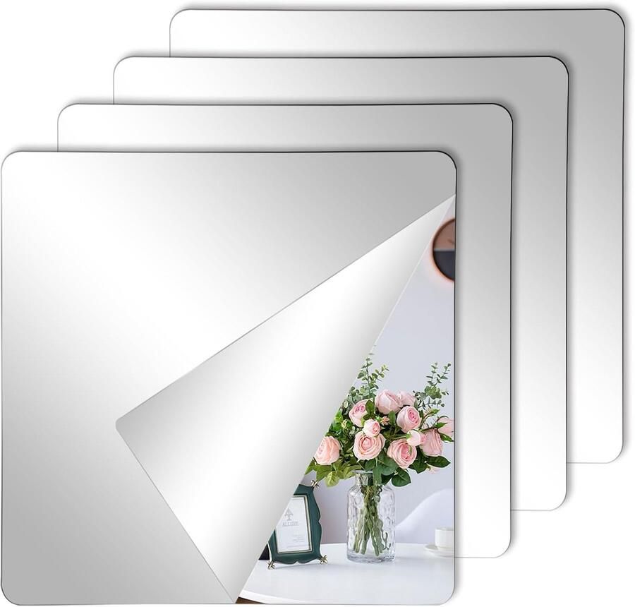 Acrylspiegels Raam spiegelstickers 4 Stuks 20x20Cm Flexibele Acryl Spiegeltegels Zelfklevend Wandspiegel Voor badkamer woonkamer slaapkamer muren en kasten