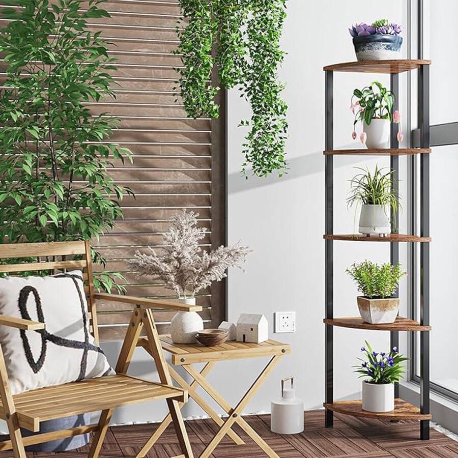 Hoekplank staand rek boekenkast met 5 niveaus ladderrek opbergrek plantenrek voor keuken woonkamer industrieel design vintage bruin-zwart