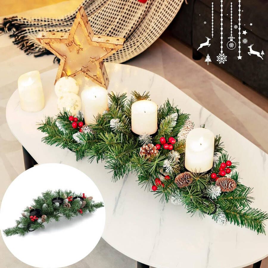 Adventskrans kunstkaarsenhouder kerstslinger met 3 kandelaars en dennenappels en rode bessen en metalen sokkel tafeldecoratie kerstdecoratie voor open haard tafel