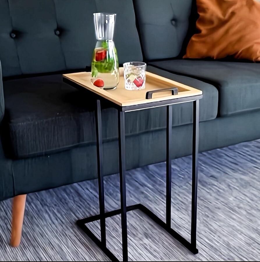 Bijzettafel met afneembaar dienblad van metaal-hout C-vormige zijtafel voor bank zwart vintage moderne salontafel voor woonkamer natuur