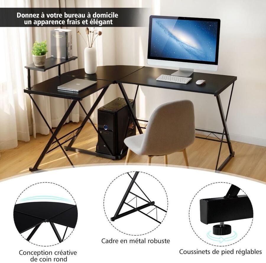 “Afneembaar L-vormig Hoekbureau – Met Monitorstandaard 147 x 112 x 79 cm Walnoot Zwart Antiek”