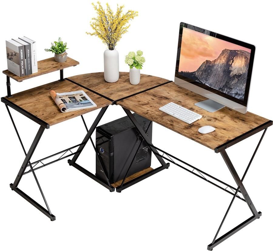 COSTWAY L-vormige computertafel van hout hoekbureau met monitorstandaard en opbergvak ruimtebesparend bureau voor kantoor werkkamer slaapkamer 147 x 112 x 79 cm