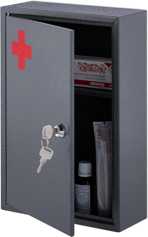 Afsluitbaar Medicijnkastje 2 Vakken HBD 32x215x95 cm Grijs Rood EHBO Kastje met Medicijnen en Verband