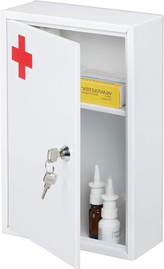 Afsluitbaar wandkastje medicijnkast met slot 2 vakken HBD 32x215x8 cm wit rood