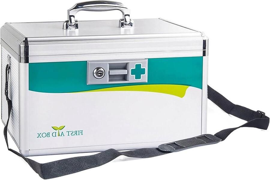 Afsluitbare Medicijndoos Kinderbeveiliging Eerste Hulpdoos Medicijnkastje Aluminiumlegering Handvat Draagriem 26 x 18 x 17 cm