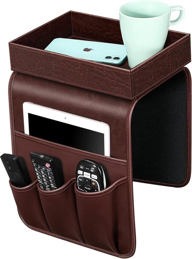 Afstandsbediening Houder met Afneembare Lade en 5 Zakken Antislip PU Lederen Armsteun Organizer voor Sofa Bank Tijdschriften Telefoon iPad TV GameController