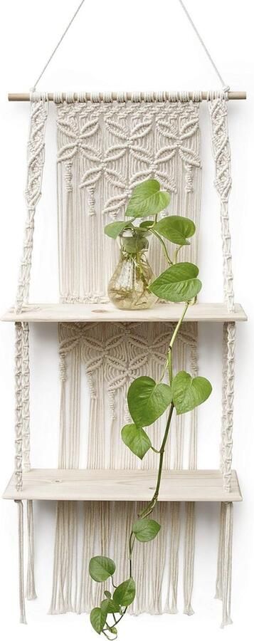 Afuly Wandplank Houten Macrame Plank Boho Decoratie Hangende Plank Wanddecoratie Badkamer Woonkamer Balkon Planten Handgeweven Drijvende Plank