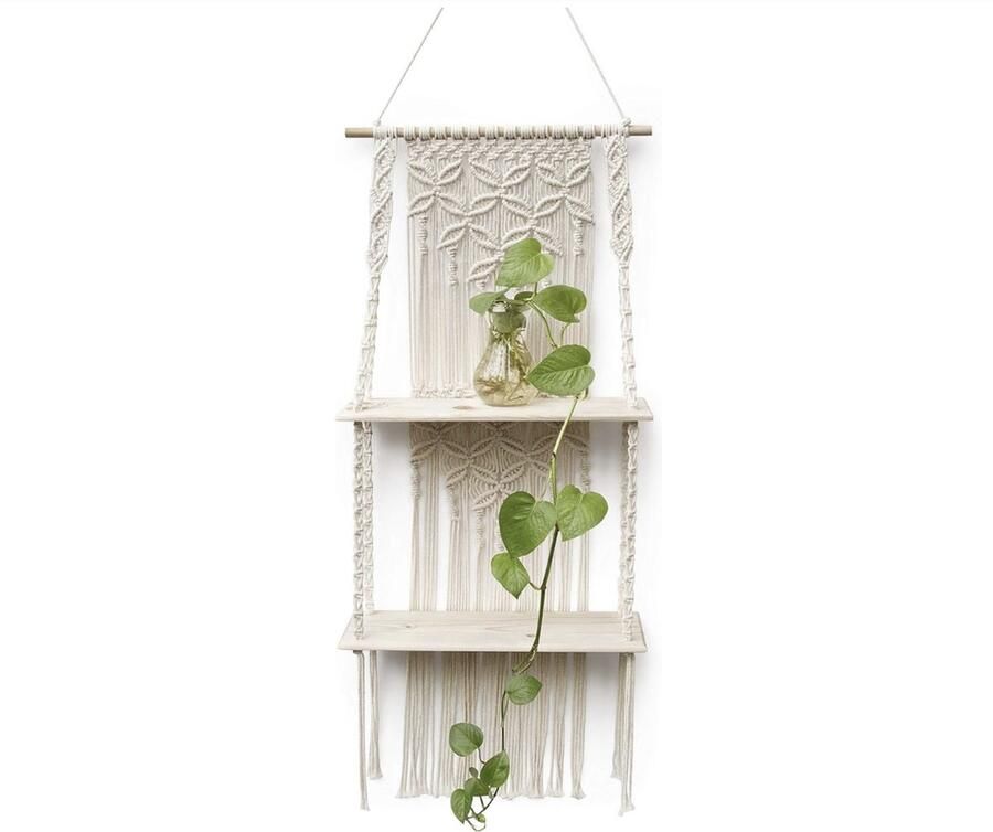 Afuly Wandplank Houten Macrame Plank Boho Decoratie Hangende Plank Wanddecoratie Badkamer Woonkamer Balkon Planten Handgeweven Drijvende Plank - Foto 2