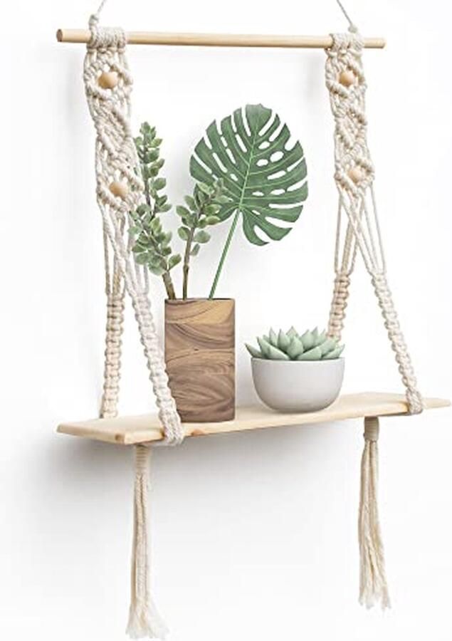 Afuly wandplank houten plank muur Boho decoratie hangende plank Macrame wanddecoratie balkon badkamer woonkamer handgeweven zwevende plank