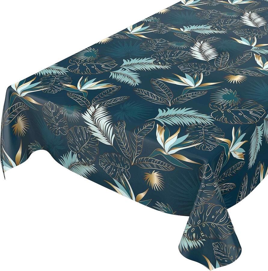 Afwasbaar tafelkleed Geschikt voor binnen en buiten 220 x 140 cm Bladeren print Goud blauw