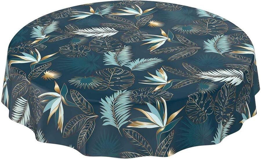 Afwasbaar tuintafelkleed binnenshuis en buitenshuis rond 140 cm blauw goud bladmotief