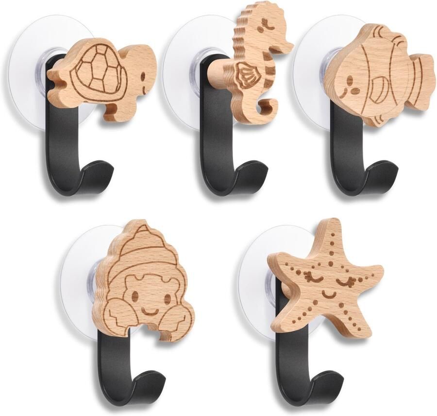 AHHALFFY houten kapstokhaken voor kinderen zelfklevende wandhaken in dierenvorm kinderkapstokhaken kledinghaken wandhangers deurhaken meubelknoppen houten handgrepen (zeedieren)