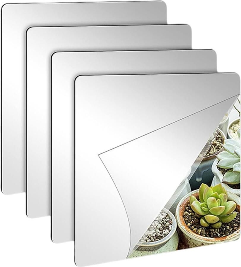 Aidqxbaoer 4 stuks zelfklevende spiegels 15 x 15 cm acryl spiegel schoolspiegel flexibele spiegelfolies spiegelstickers voor badkamer woonkamer slaapkamer kast