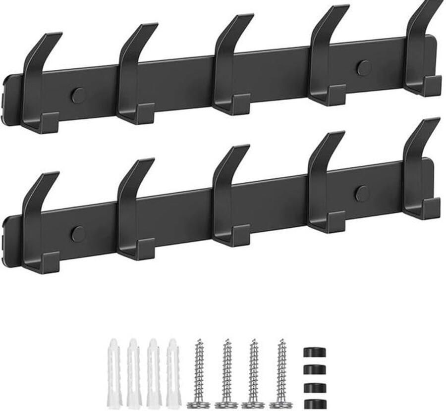 AIVORO Kapstokhaken Muur 2-pack Kapstokhaken met 5 haken Metalen Kapstokhaken Kapstok met haken voor Slaapkamer Badkamer Keuken Garderobekast Kapstok Wandkapstok (Zwart)