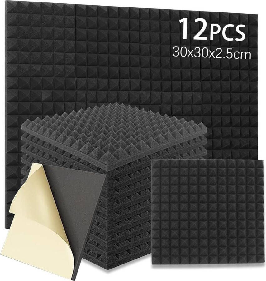 Akoestisch schuim zelfklevend geluidsabsorberend noppenschuim met piramidevormige noppen geluiddempingsmat akoestisch paneel akoestische schuimmat 30 x 30 x 2 5 cm 12 stuks