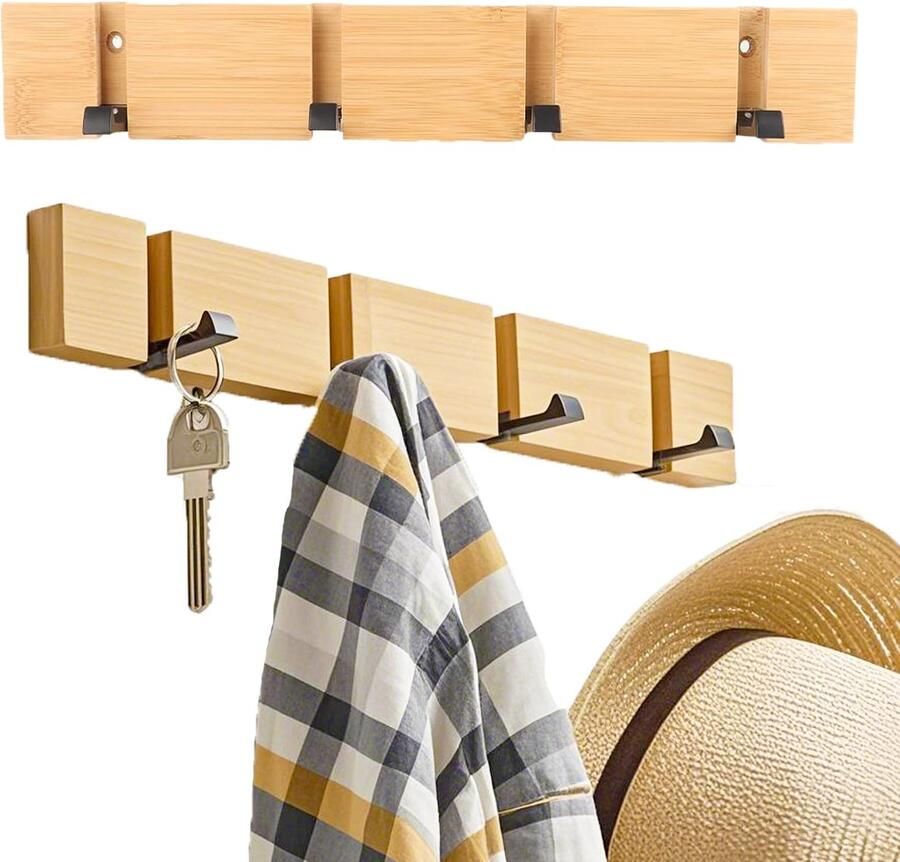 AKOLAFE 2 stuks 40 cm kapstokhaken houten bamboe kapstokhaken zelfklevende wandkapstok houten opvouwbare haken natuurlijke hakenrek opvouwbare houten kapstokhaken voor jassen hoeden sjaals sleutels