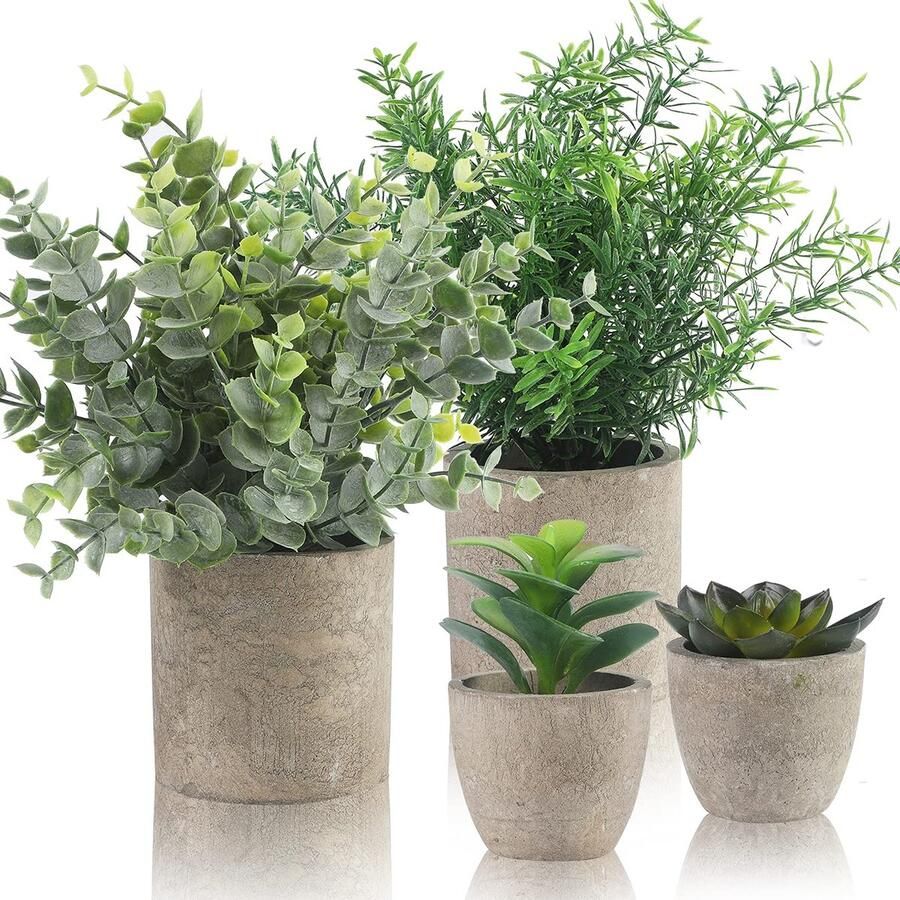 ALAGIRLS 4-pack kunstplanten mini kunstplant eucalyptus rozemarijn vetplanten met pot bureau keuken badkamer tuindecoratie