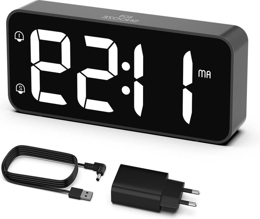 Alarm Clock with 2 Alarms and USB Charging Port 0-100% Dimmer 90-120 dB Volume Snooze Function for Desk Bedroom Bedside