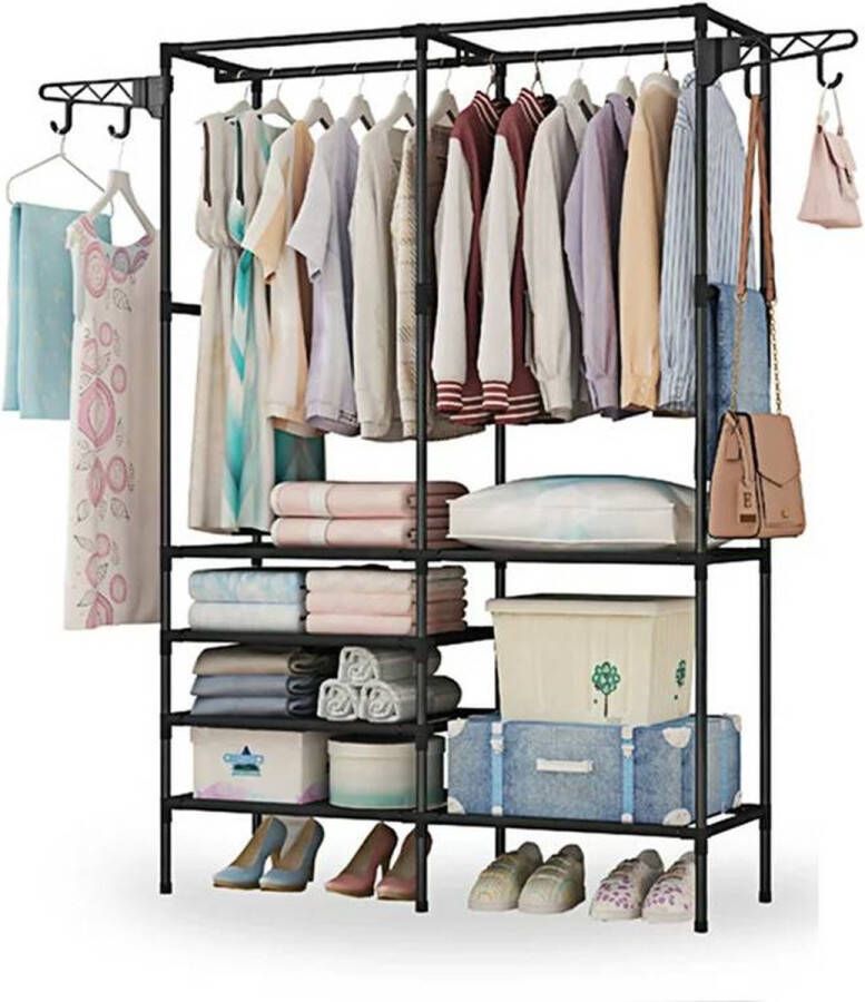 All Items 4 you Meerlaagse Metalen Kledingrek 107x35x173 cm Zwart Metaal kledingrek dubbel kledinghangers
