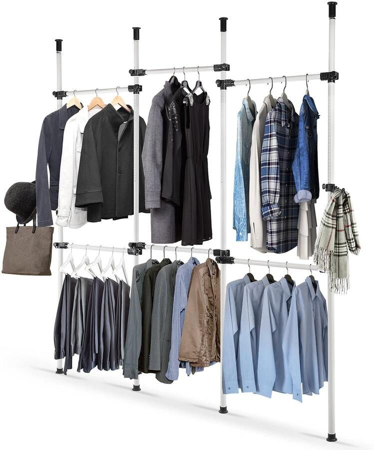 Kledingrek 6 staven Doe-het-zelf Telescopische kleerhanger Heavy Duty Garderobe-organizer met verstelbare breedte (230-330 cm) en hoogte (246-300 cm) - Foto 2