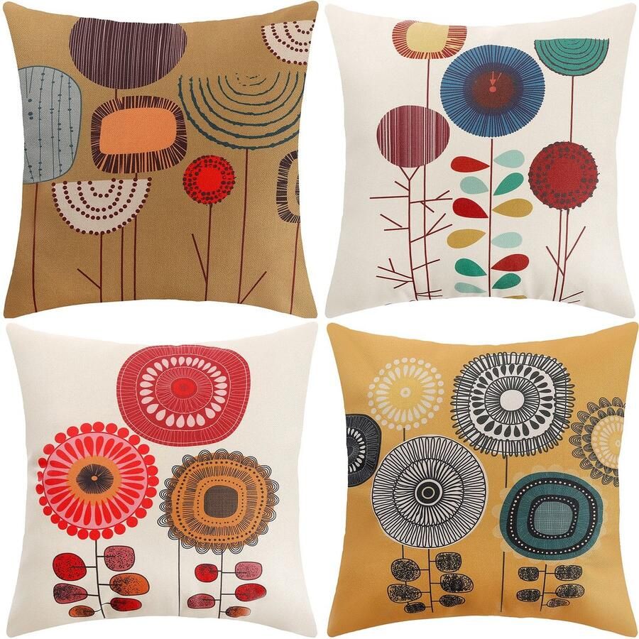 Kussenhoes 45 x 45 cm Kussenhoes Boho Kussenhoezen Set van 4 Decoratieve Kussenhoezen voor Bank Kantoor Auto Slaapkamer Woondecoratie (Bloemenlinnen)