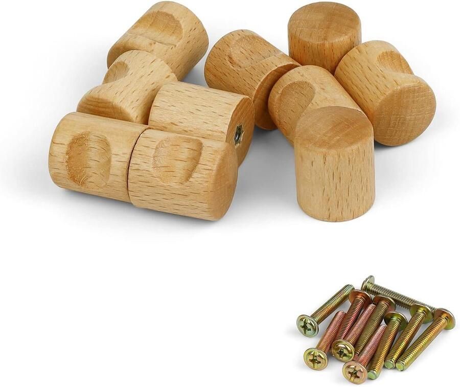 Allecto Plus 10-delige set houten meubelknoppen Kastknoppen met schroeven Natuurlijk berkenhout Geschikt voor kledingkasten en laden Eenvoudig te reinigen