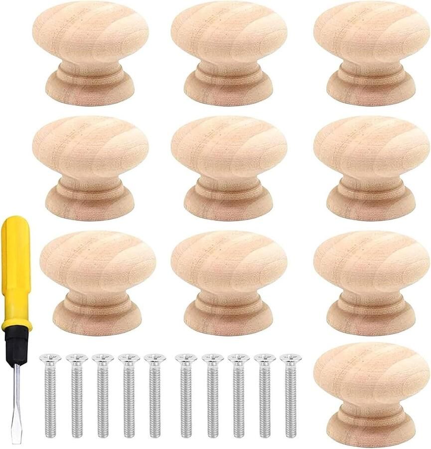Allecto Plus 10-delige set houten meubelknoppen met schroevendraaier Ø33 x 25 mm Ronde handgrepen voor kasten Eenvoudig te monteren