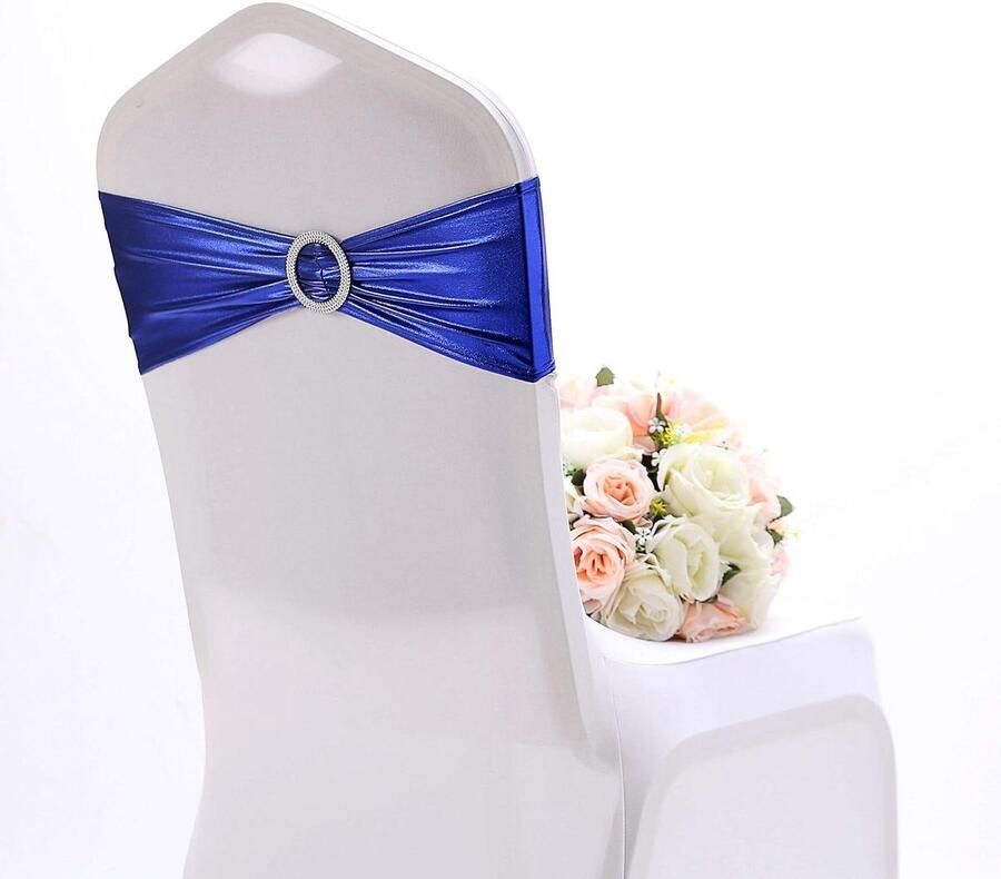 Allecto Plus 10 stuks Stretch Stoel Bows Blauwe Elastische Stoelhoes voor Bruiloft en Hotel Event met Gesp